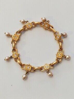 Vintage Joan Rivers Goldtone Faux Pearl and Rhinestone Link Bracelet